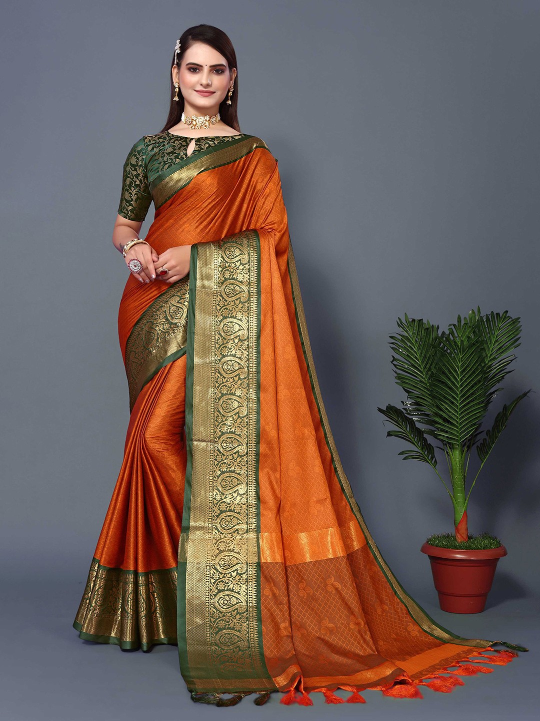 

Mitera Woven Design Zari Silk Cotton Banarasi Saree, Orange