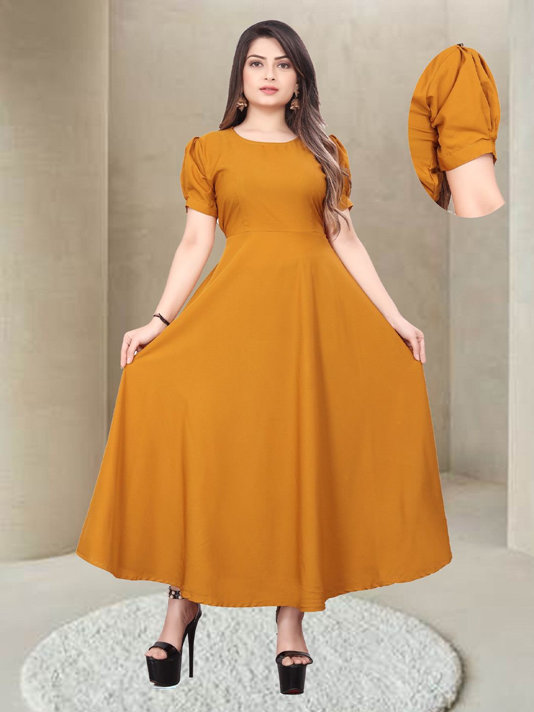 

N N ENTERPRISE Puff Sleeves Fit & Flare Maxi Dress, Yellow