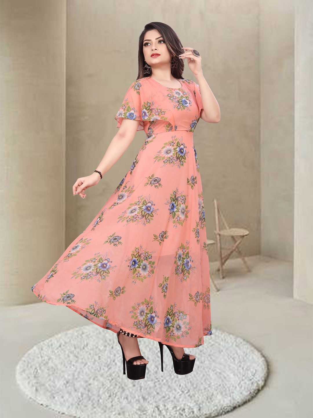 

N N ENTERPRISE Floral Printed Flared Sleeves Fit & Flare Maxi Dress, Peach