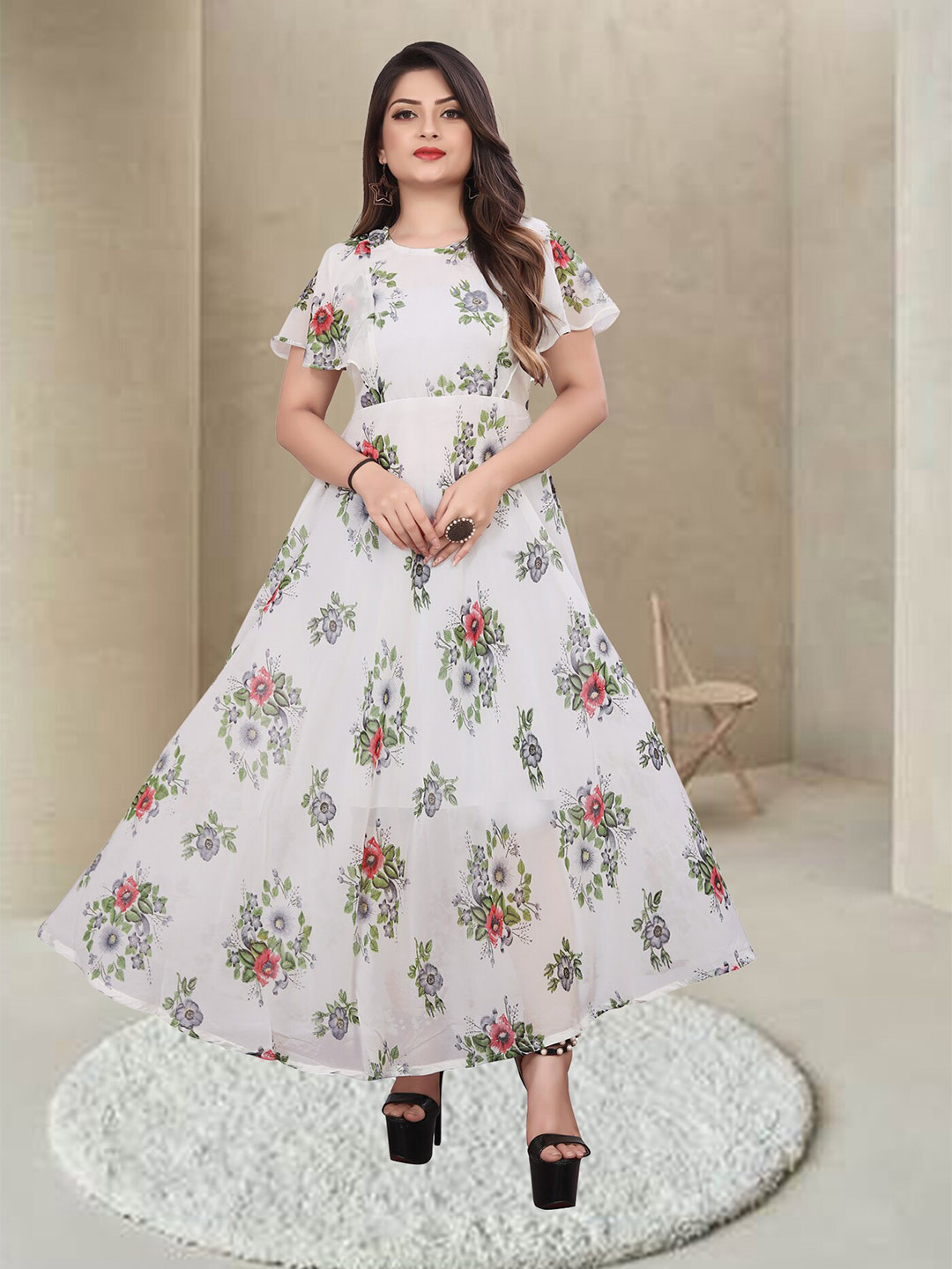 

N N ENTERPRISE Floral Printed Flutter Sleeves Fit & Flare Maxi Dress, White