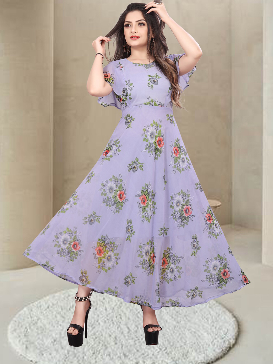 

N N ENTERPRISE Floral Printed Flared Sleeves Fit & Flare Maxi Dress, Purple