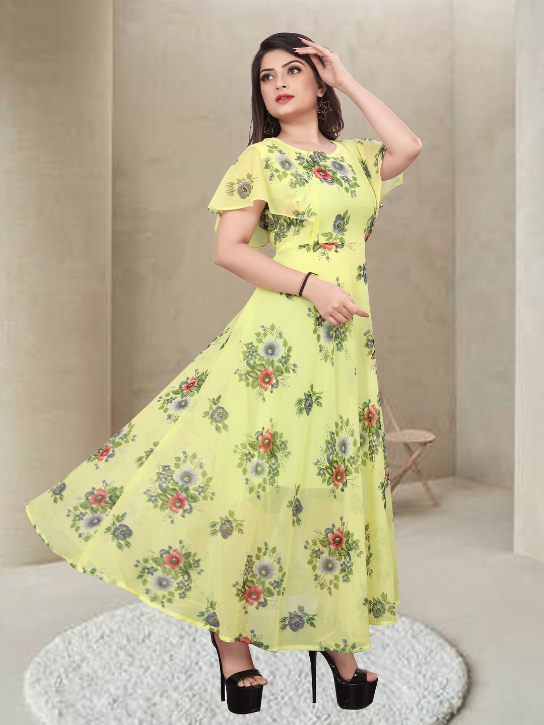 

N N ENTERPRISE Floral Printed Flutter Sleeves Fit & Flare Maxi Dress, Yellow