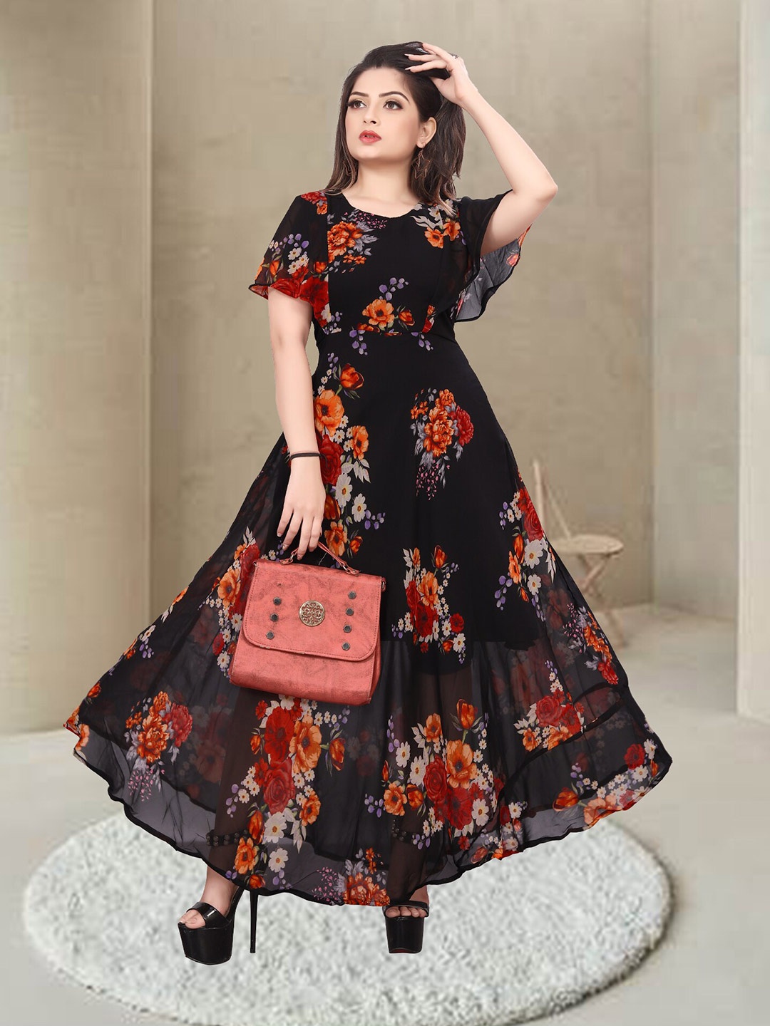 

N N ENTERPRISE Floral Printed Flared Sleeves Fit & Flare Maxi Dress, Black