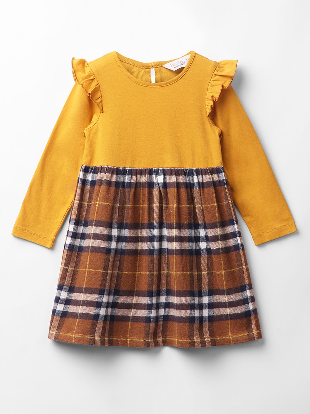 

Beebay Girls Checked Gathered Detailed Flutter Sleeves Pure Cotton Fit & Flare Dress, Yellow