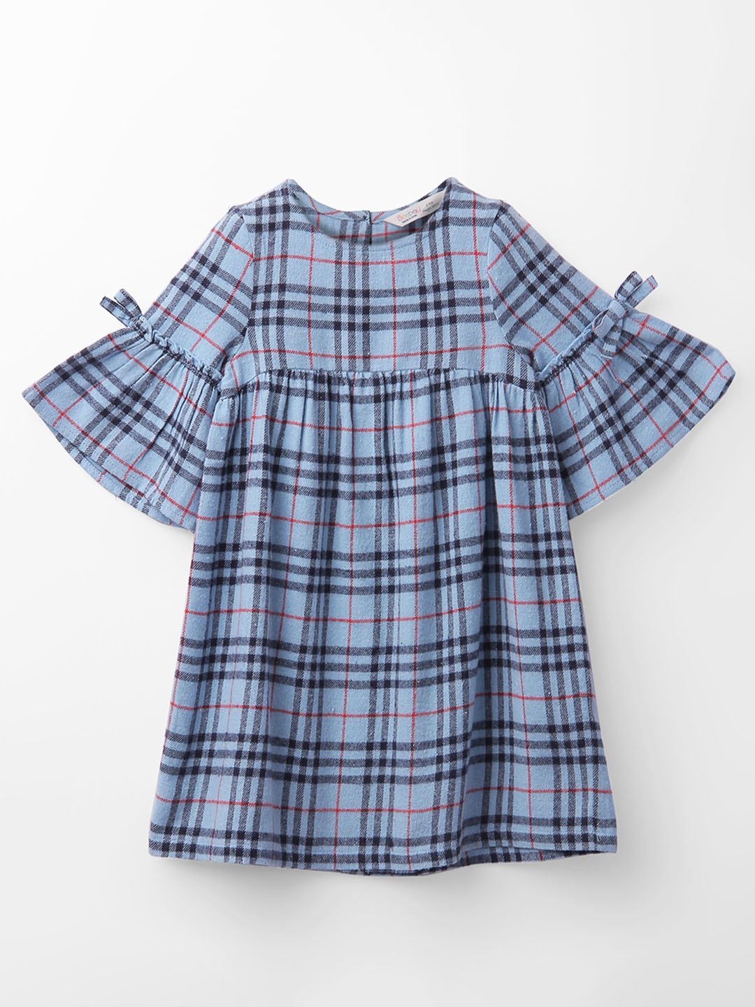 

Beebay Infant Girls Checked Bell Sleeves Cotton A-Line Dress, Blue