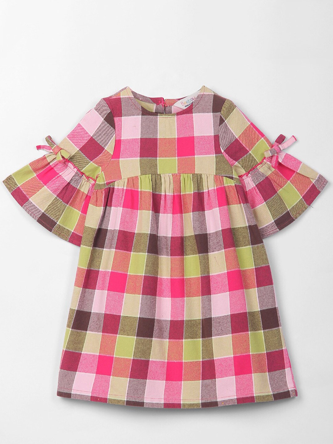 

Beebay Checked Round Neck Bell Sleeve Pure Cotton A-Line Dress, Pink