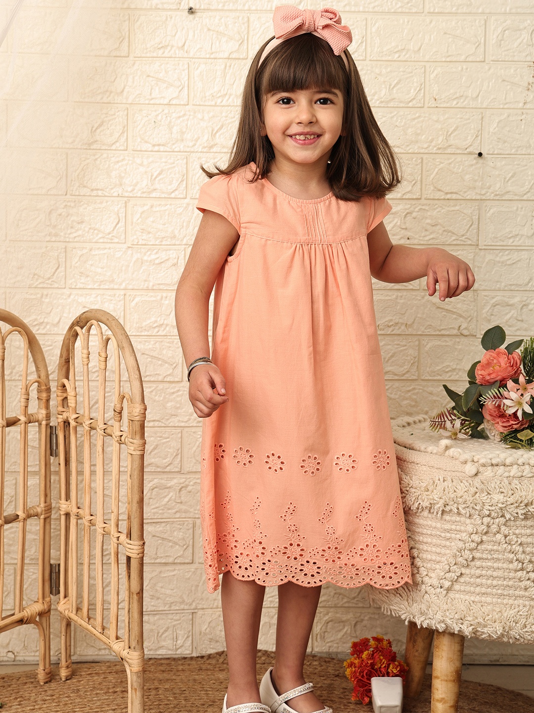 

Beebay Girls Cut Out Detailed Round Neck Cap Sleeves Pure Cotton A-Line Dress, Peach