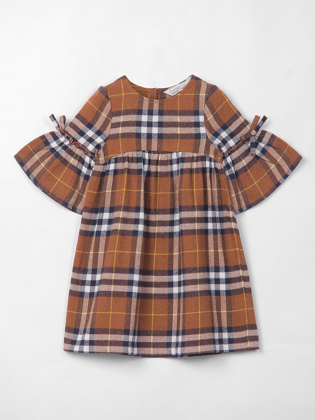 

Beebay Infant Girls Checked Bell Sleeves Cotton A-Line Dress, Brown