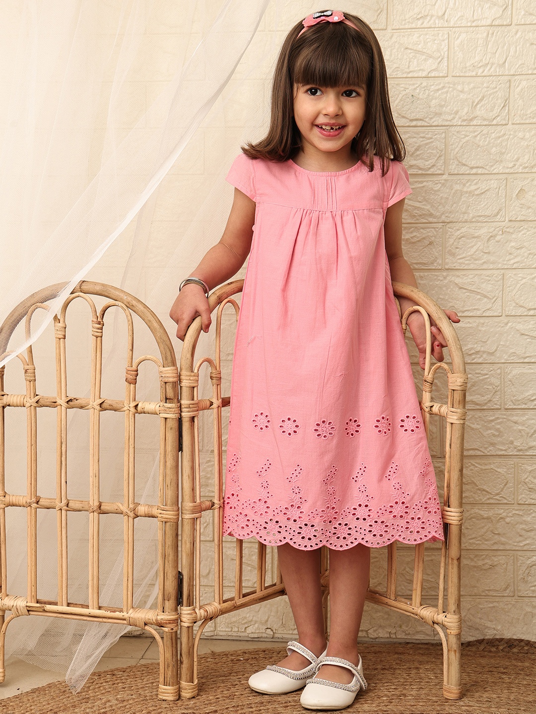 

Beebay Girls Self Design Pure Cotton A-Line Dress, Pink