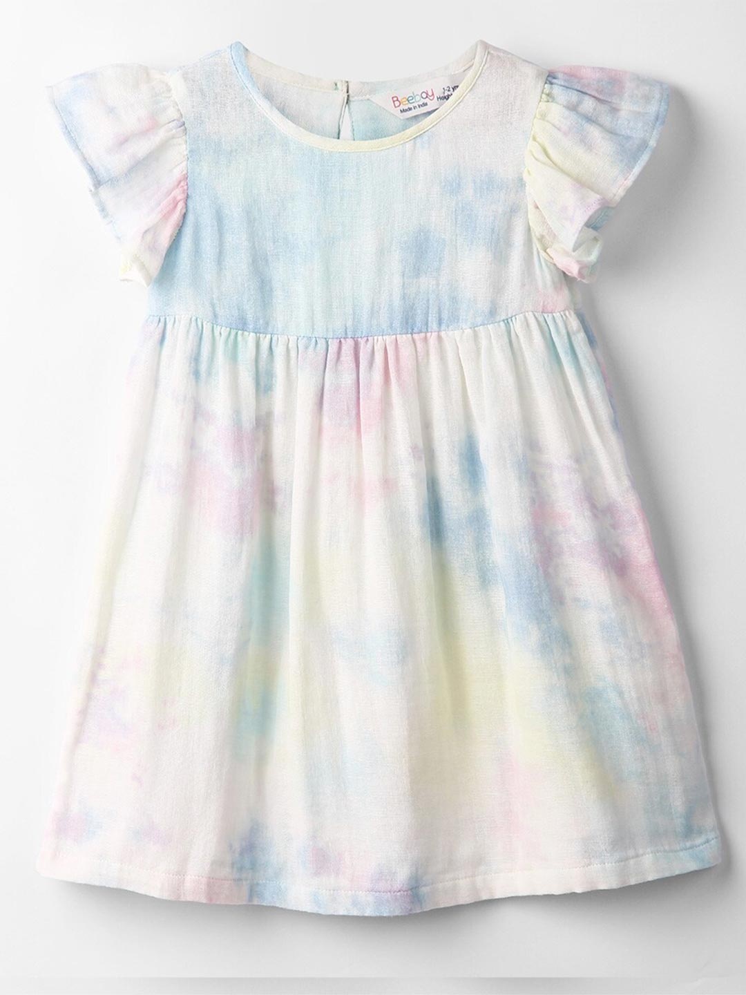 

Beebay Girls Tie & Dye Flutter Sleeves Pure Cotton A-Line Dress, White