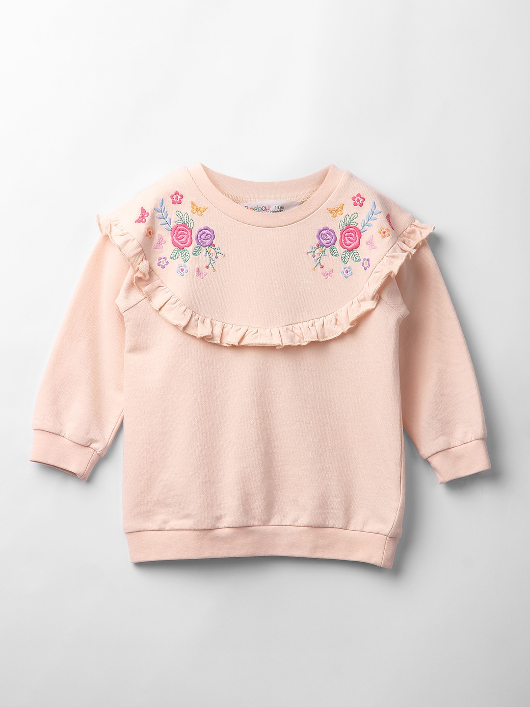 

Beebay Girls Floral Embroidered Ruffles Pure Cotton Sweatshirt, Beige