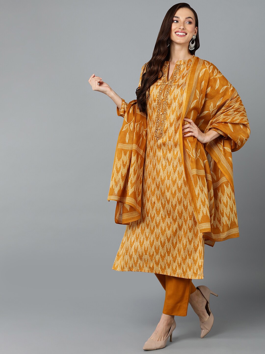 

AHIKA Abstract Printed Mandarin Collar Thread Work Kurta With Trousers & Dupatta, Yellow