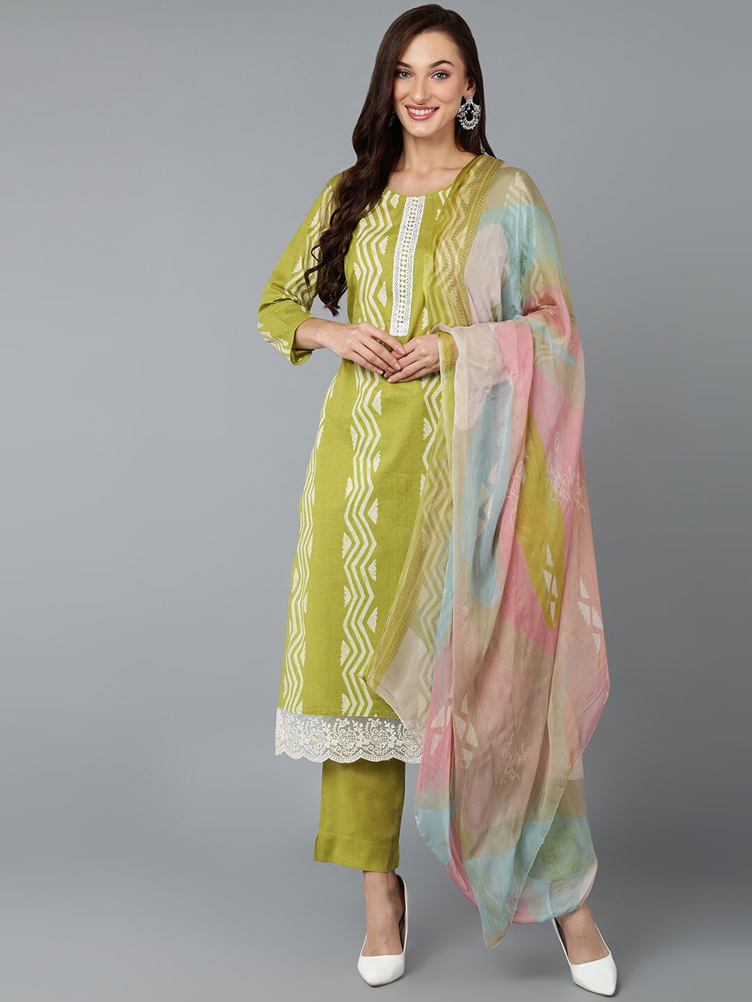 

AHIKA Geometric Printed Kurta With Trousers & Dupatta, Lime green