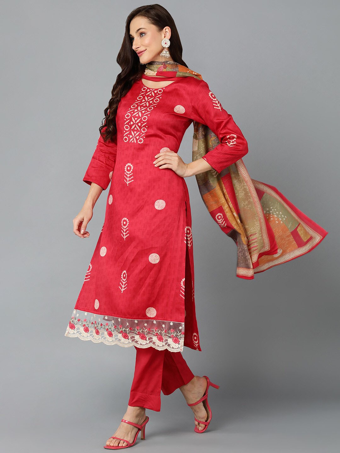 

AHIKA Ethnic Motifs Printed Thread Work Kurta With Trousers & Dupatta, Red