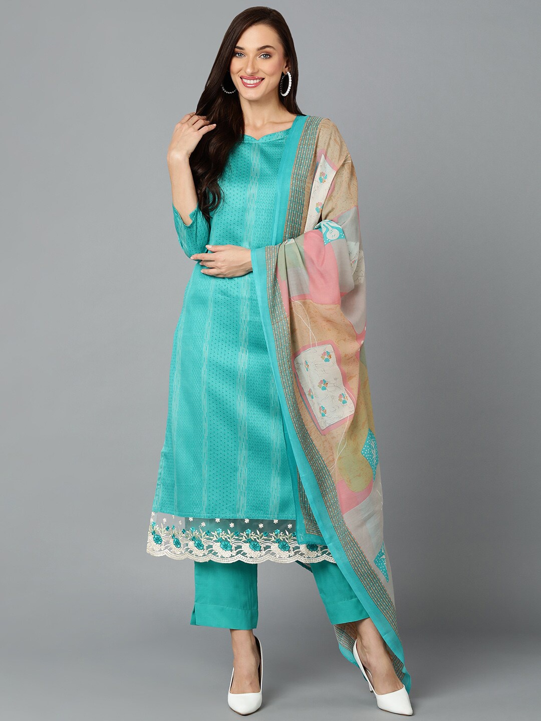 

AHIKA Ethnic Motifs Printed V-Neck Kurta With Trousers & Dupatta, Turquoise blue