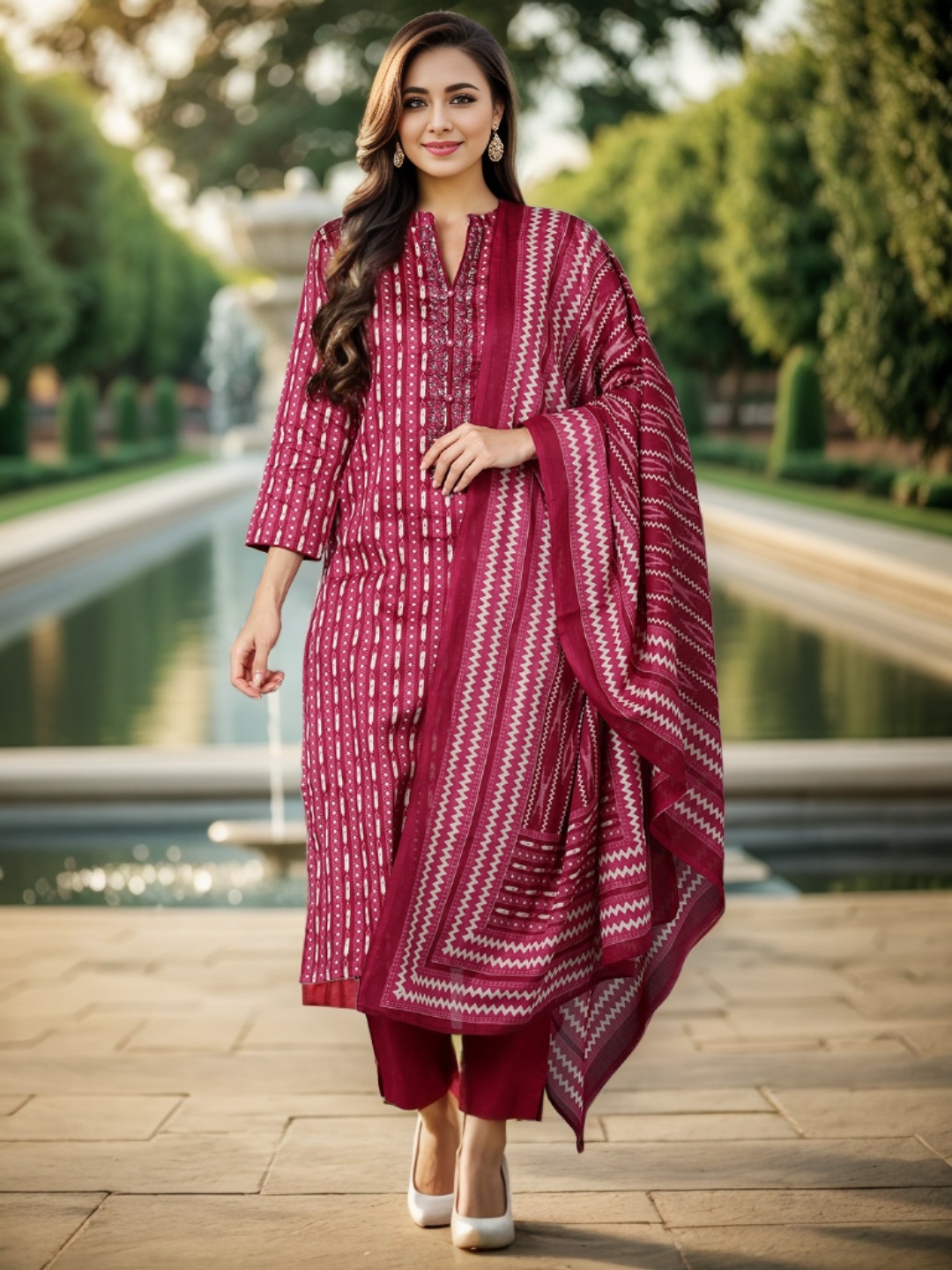 

AHIKA Printed Mandarin Collar Kurta With Trousers & Dupatta, Burgundy