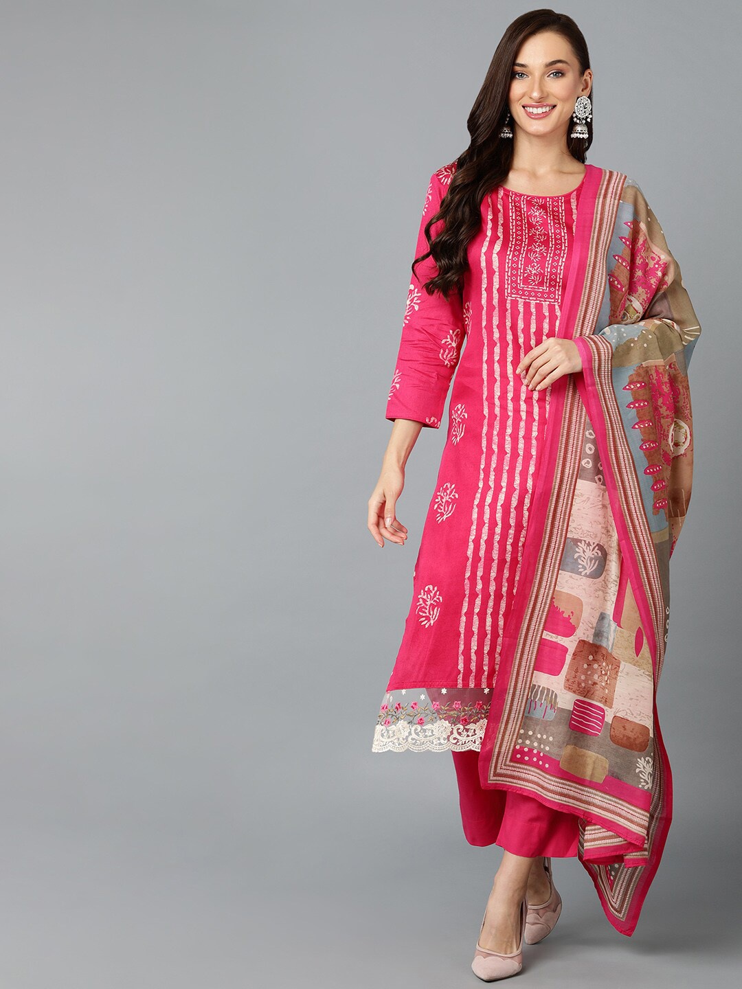 

AHIKA Ethnic Motifs Printed Straight Kurta with Trousers & Dupatta, Pink
