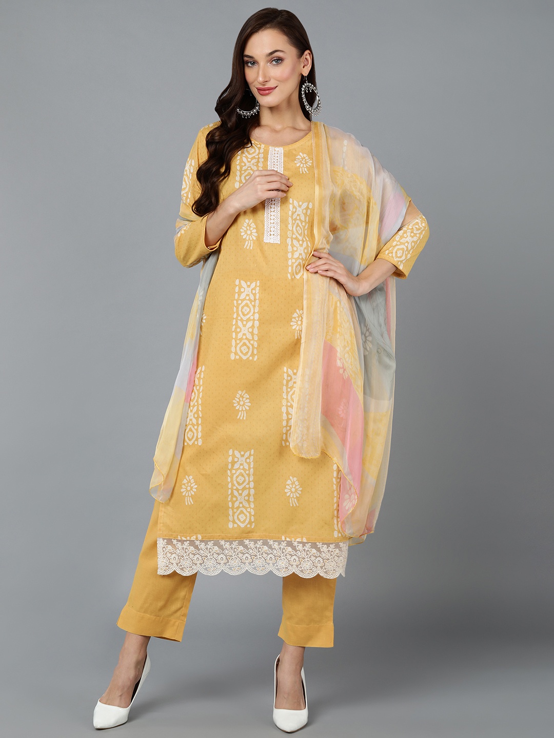 

AHIKA Ethnic Motifs Printed Straight Kurta with Trousers & Dupatta, Yellow