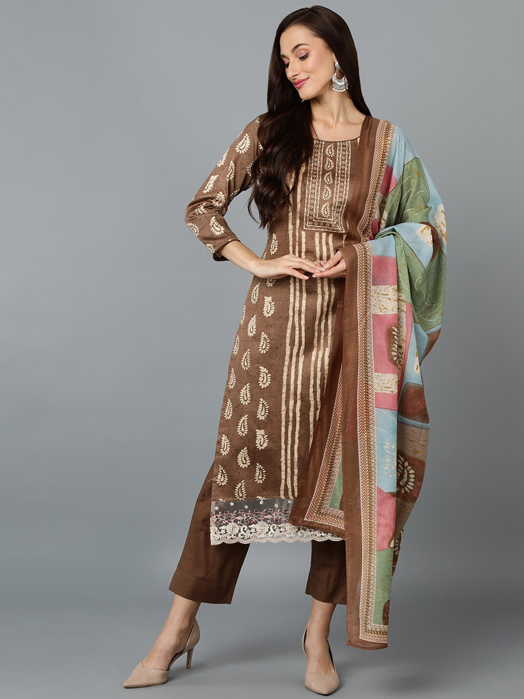 

AHIKA Ethnic Motifs Printed Thread Work Straight Kurta with Trousers & Dupatta, Brown