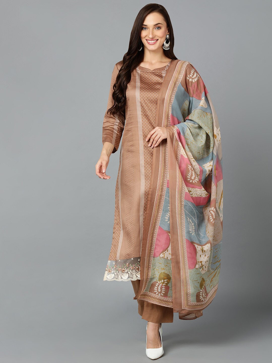

AHIKA Ethnic Motifs Printed Regular Kurta with Trousers & With Dupatta, Brown