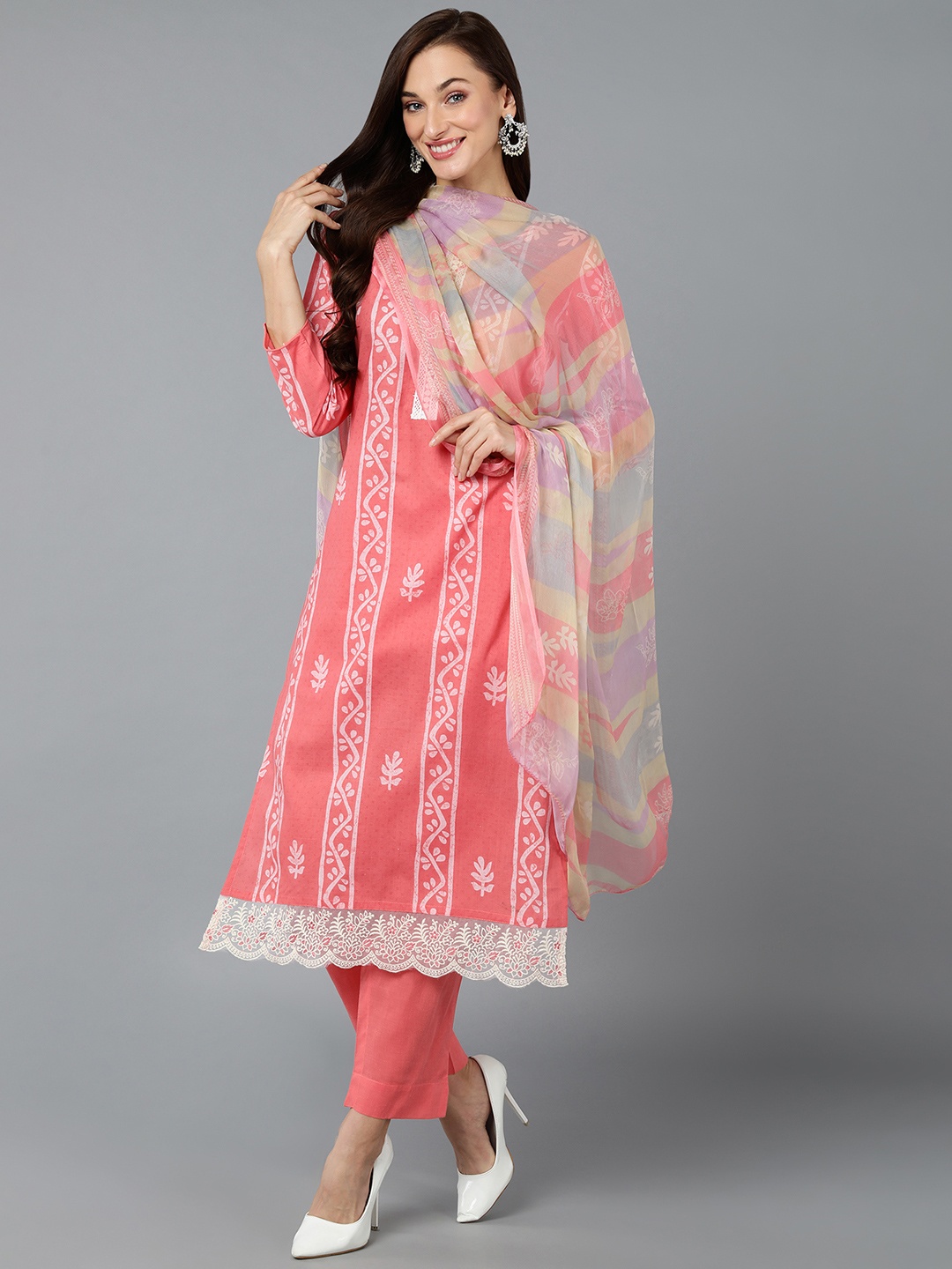 

AHIKA Ethnic Motifs Printed Lace-Insert Hem Kurta with Trousers & Dupatta, Pink