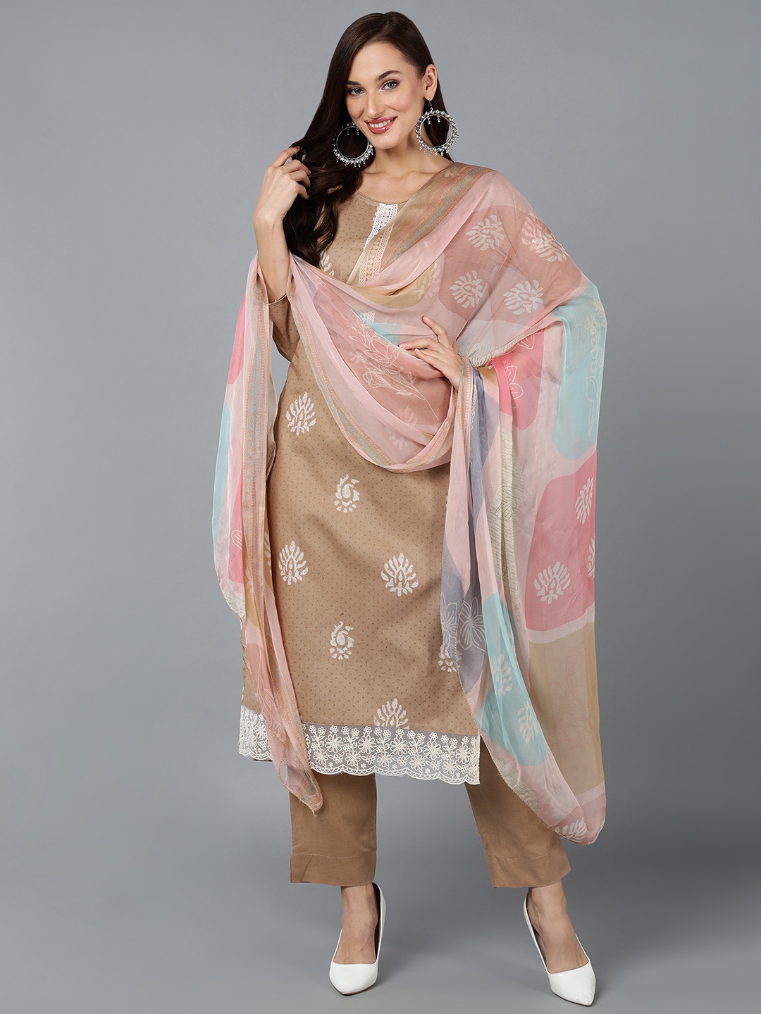 

AHIKA Ethnic Printed Straight Kurta with Trousers & With Dupatta, Taupe