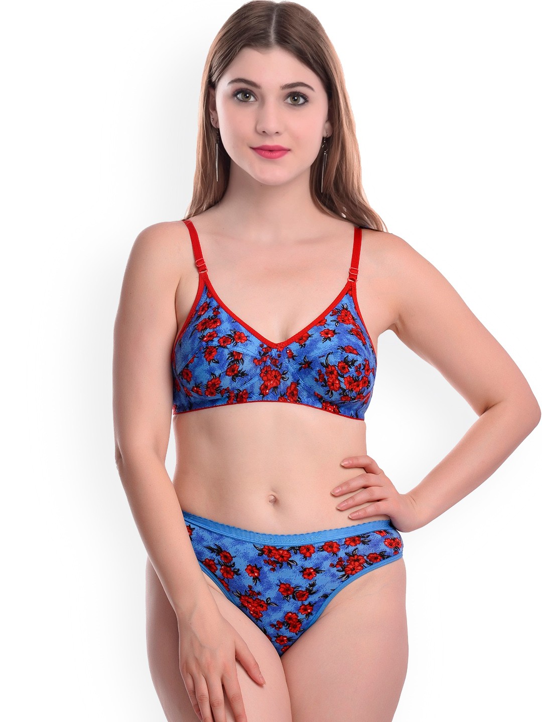 

AROUSY Floral Printed Non Padded Comfortable Cotton Lingerie Set N_Janu Set_Blue_30