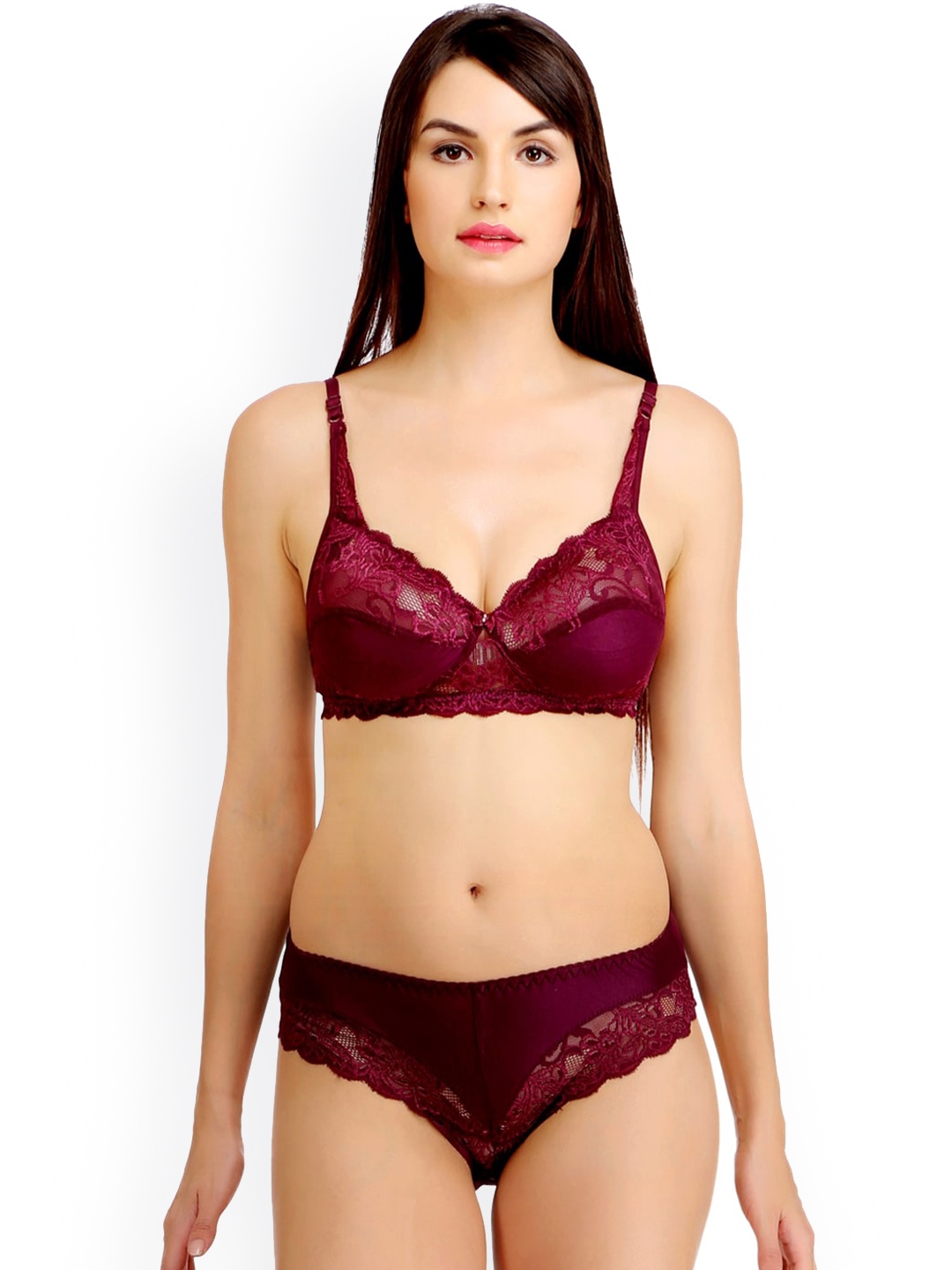 

AROUSY Self Design Laced Cotton Lingerie Set N_Stich Set_Maroon_36
