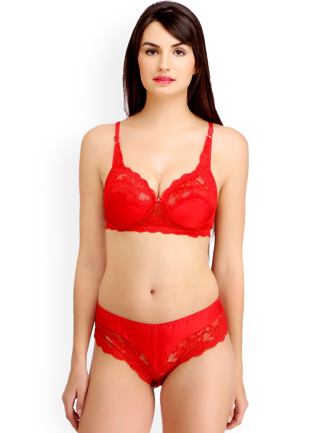 

AROUSY Self Design Laced Cotton Lingerie Set N_Stich Set_Red_30