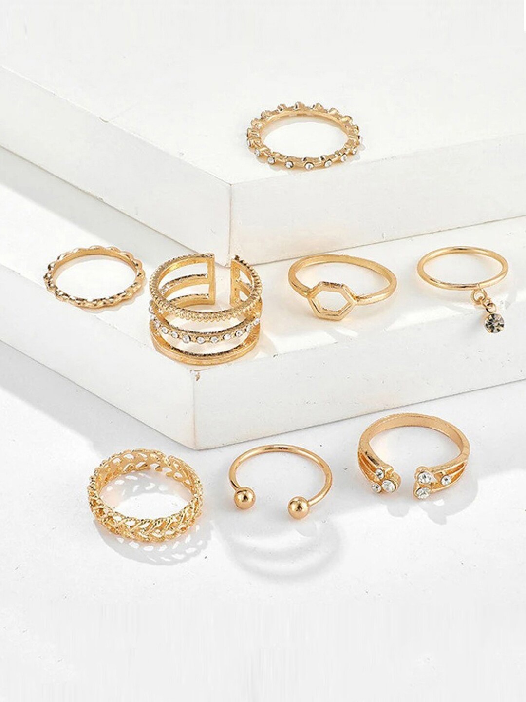 

Jewels Galaxy Set Of 8 Gold-Plated Studded Finger Rings