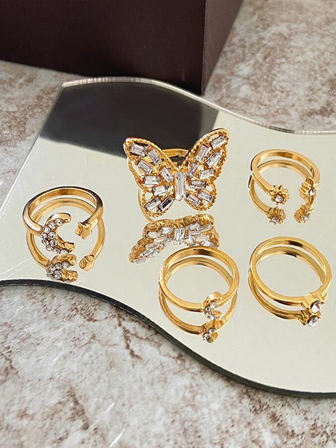 

Jewels Galaxy Set Of 5 Gold-Plated & Stone-Studded Finger Rings