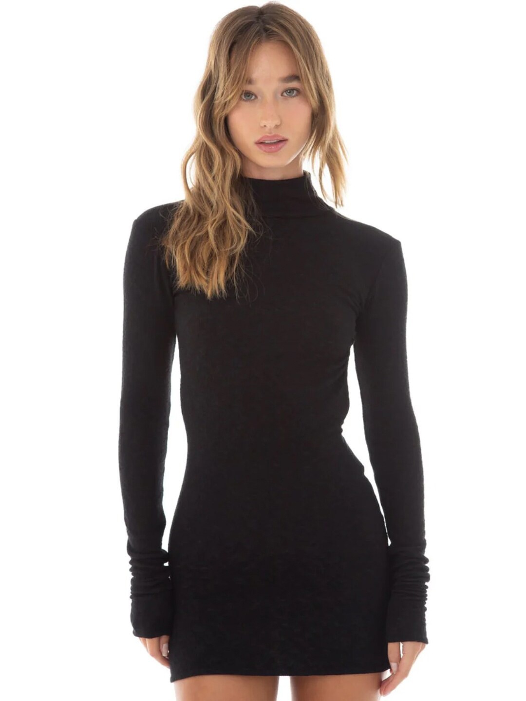 

Styched High Neck Regular Sleeves Cotton Bodycon Mini Dress, Black