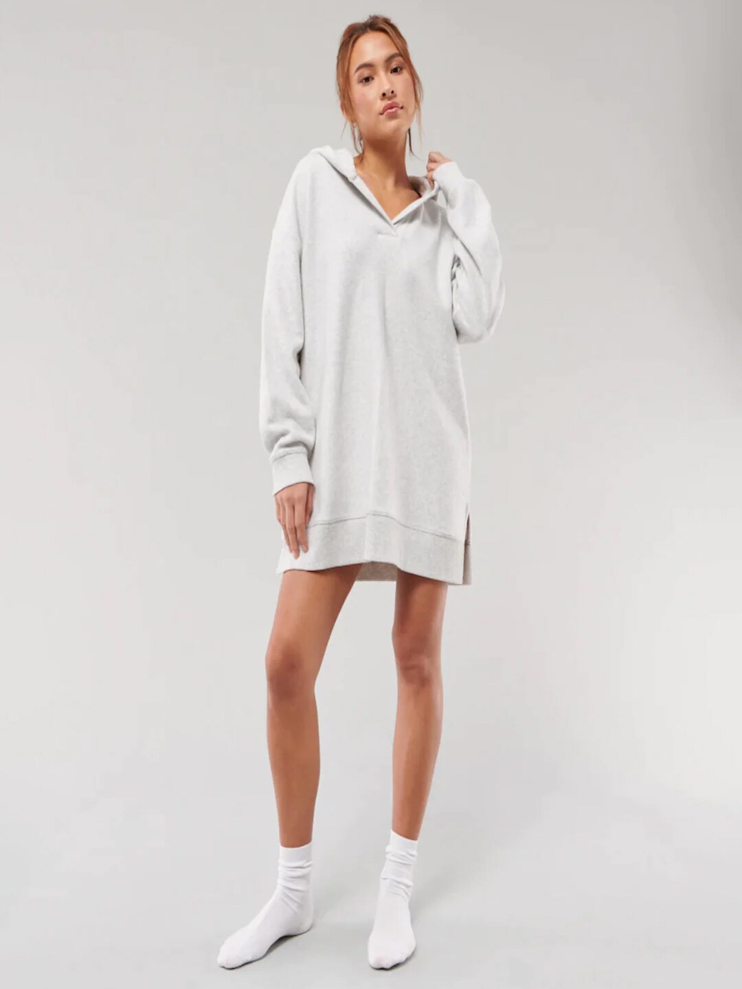 

Styched Hooded Cotton T-shirt Mini Dress, Grey