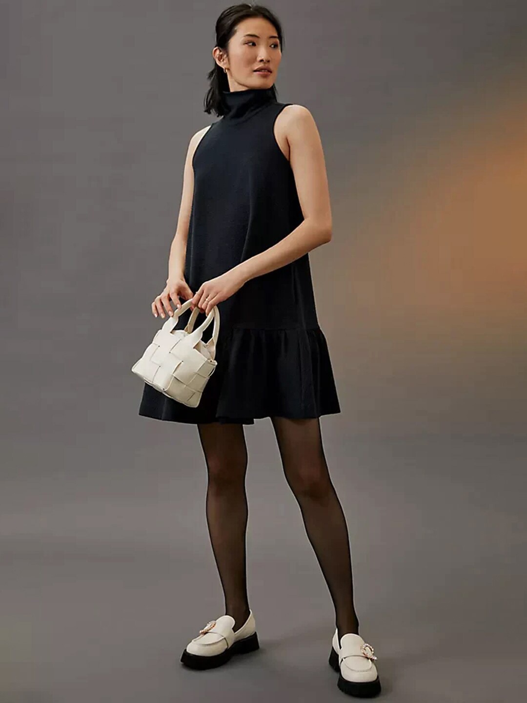 

Styched High Neck Cotton A-Line Dress, Black