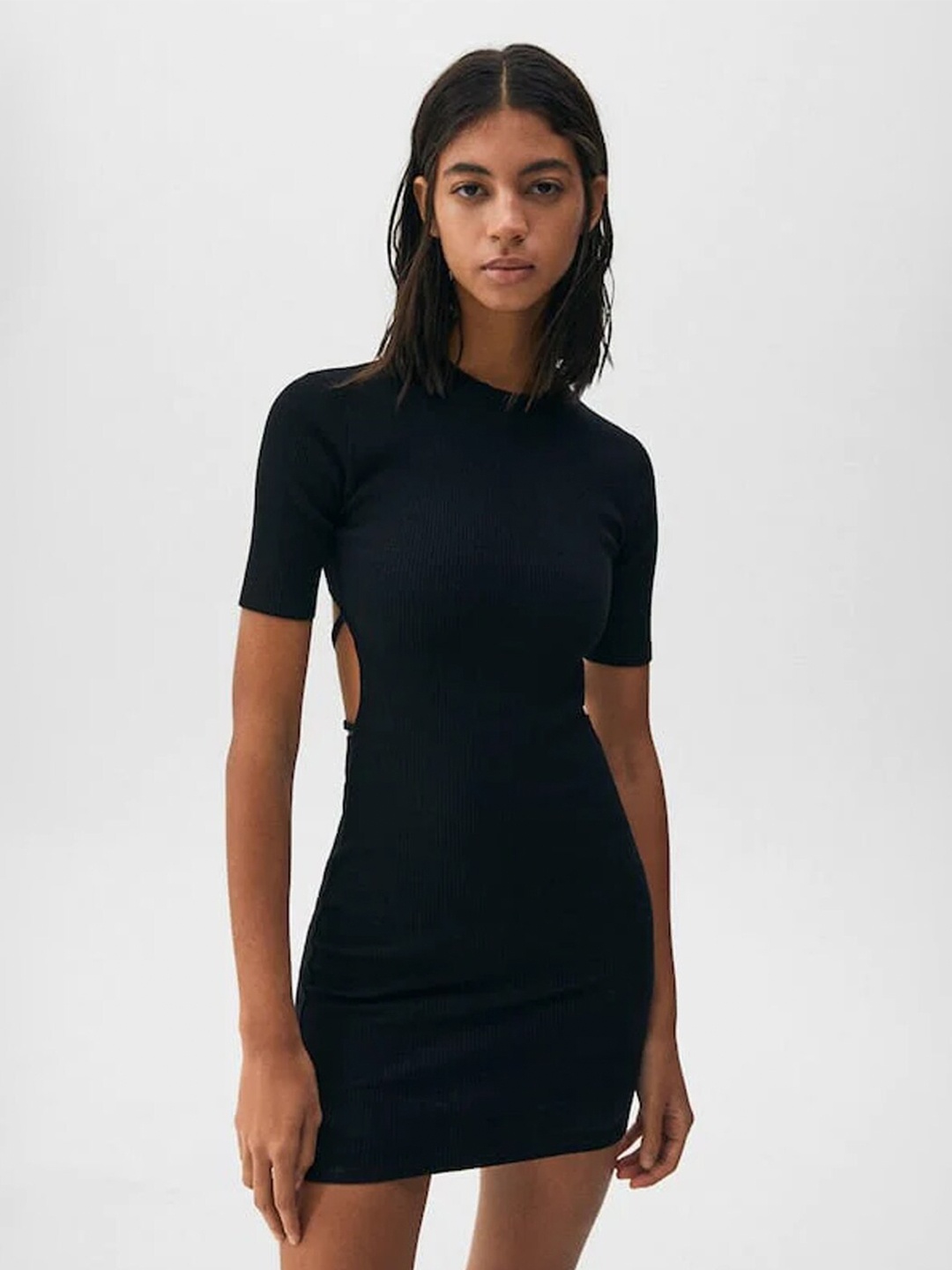 

Styched Mock Neck Cut-Out Bodycon Mini Dress, Black