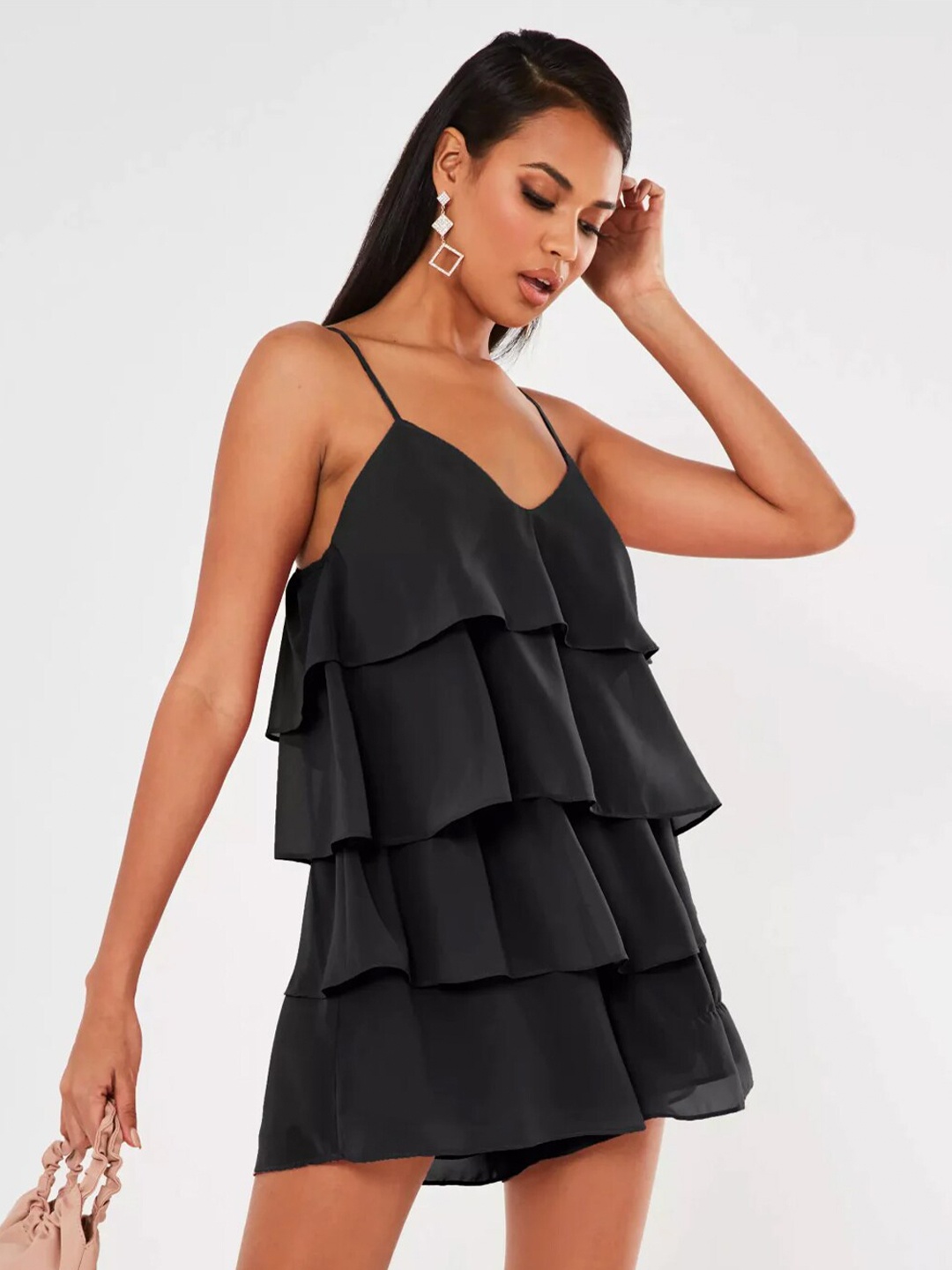 

Styched Shoulder Straps Layered A-Line Mini Dress, Black