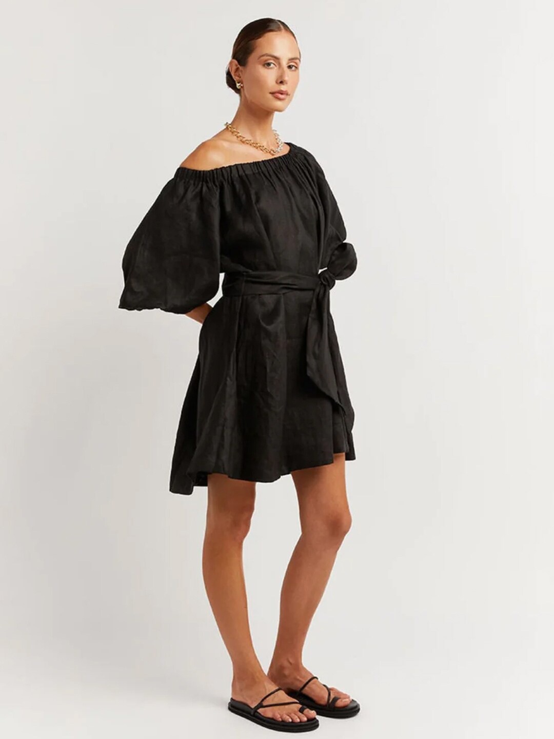 

Styched Off-Shoulder Flared Sleeves Tie-Up Detail A-Line Dress, Black