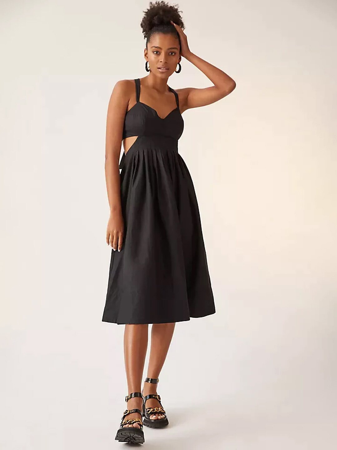 

Styched Shoulder Straps Cut-outs Detail Cotton Fit & Flare Dress, Black