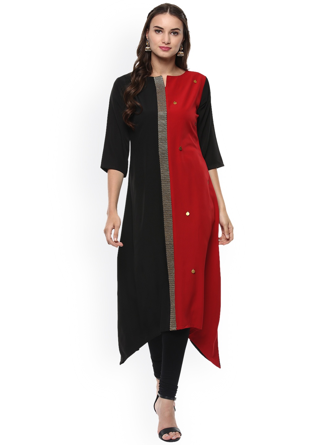 

Janasya Women Black & Red Embellished Asymmetrical Hem A-Line Kurta