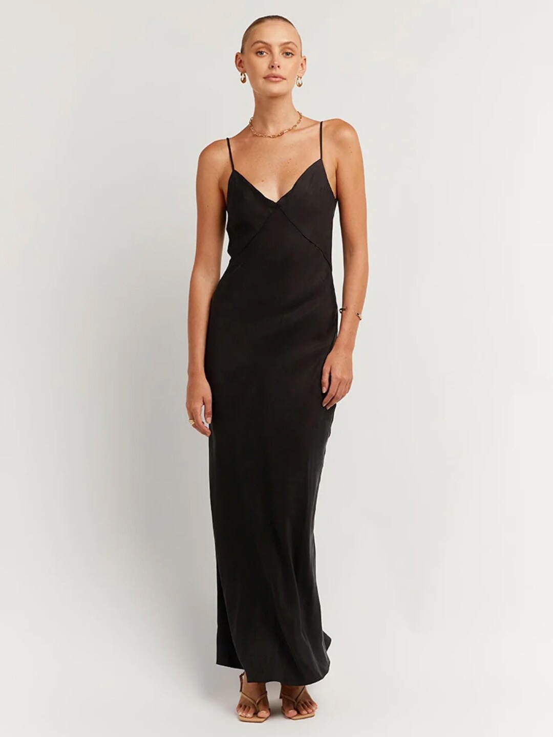 

Styched Shoulder Straps Satin Maxi Dress, Black