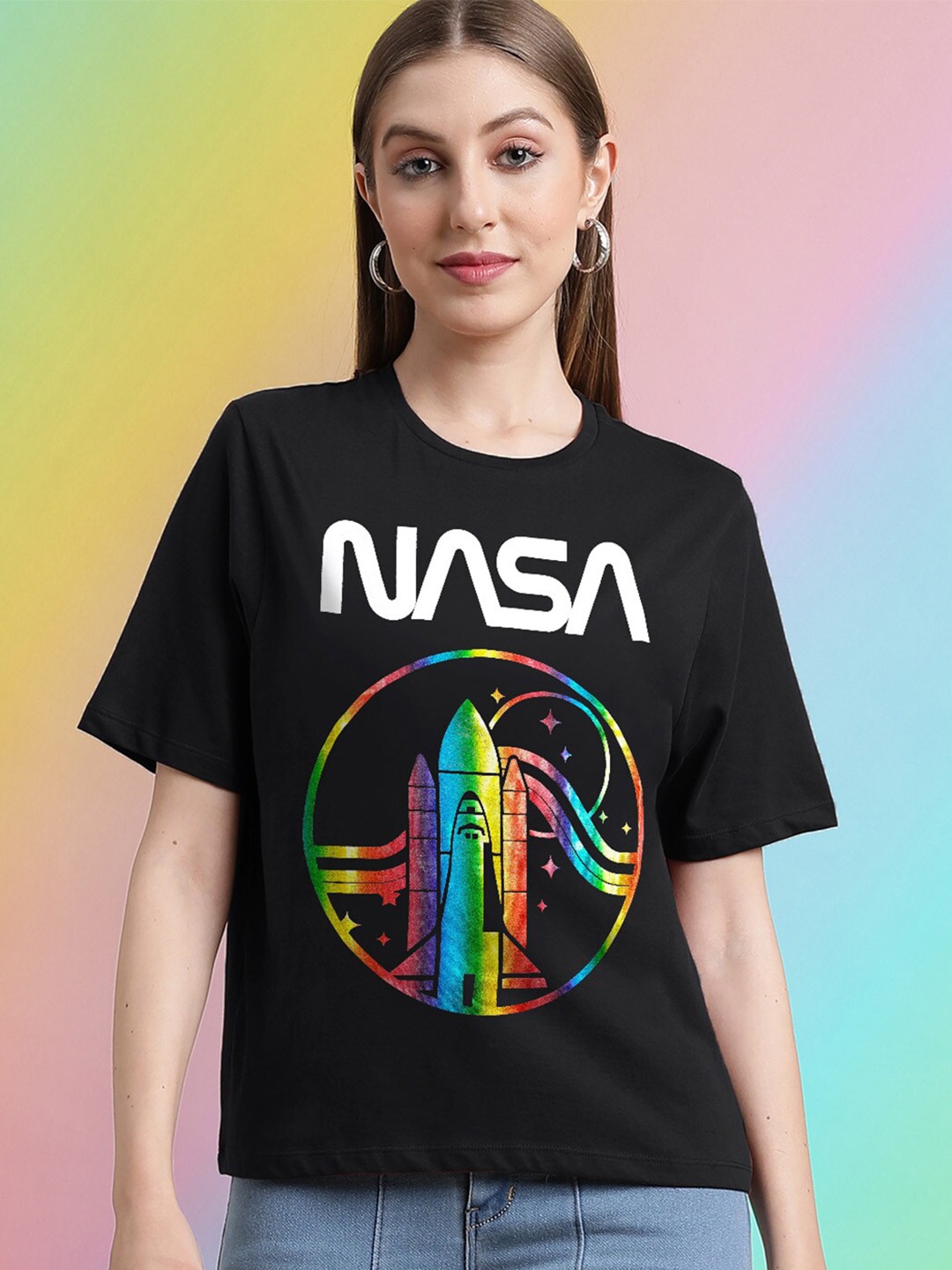 

Free Authority Nasa Printed Round Neck Cotton T-shirt, Black