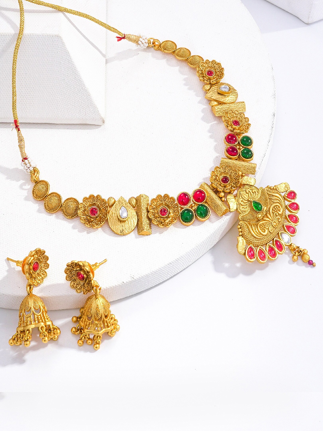 

LAFORWORD Stone-Studded & Beaded Necklace And Earrings, Gold