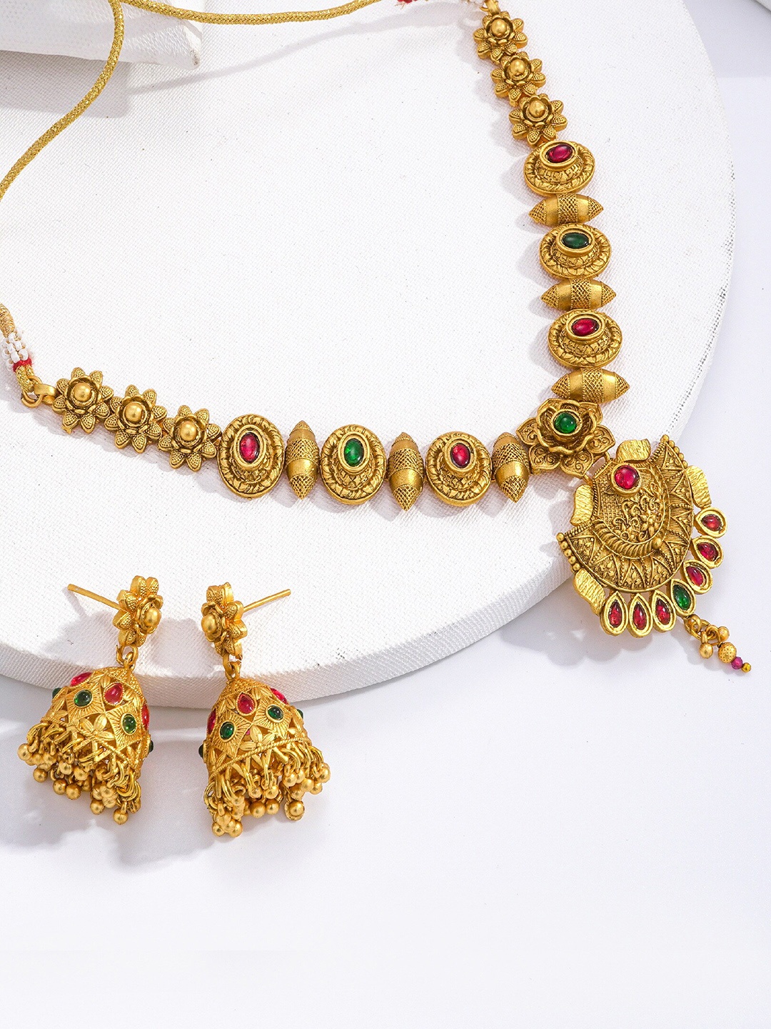 

LAFORWORD Gold-Plated Stone-Studded Temple Jewellery Set