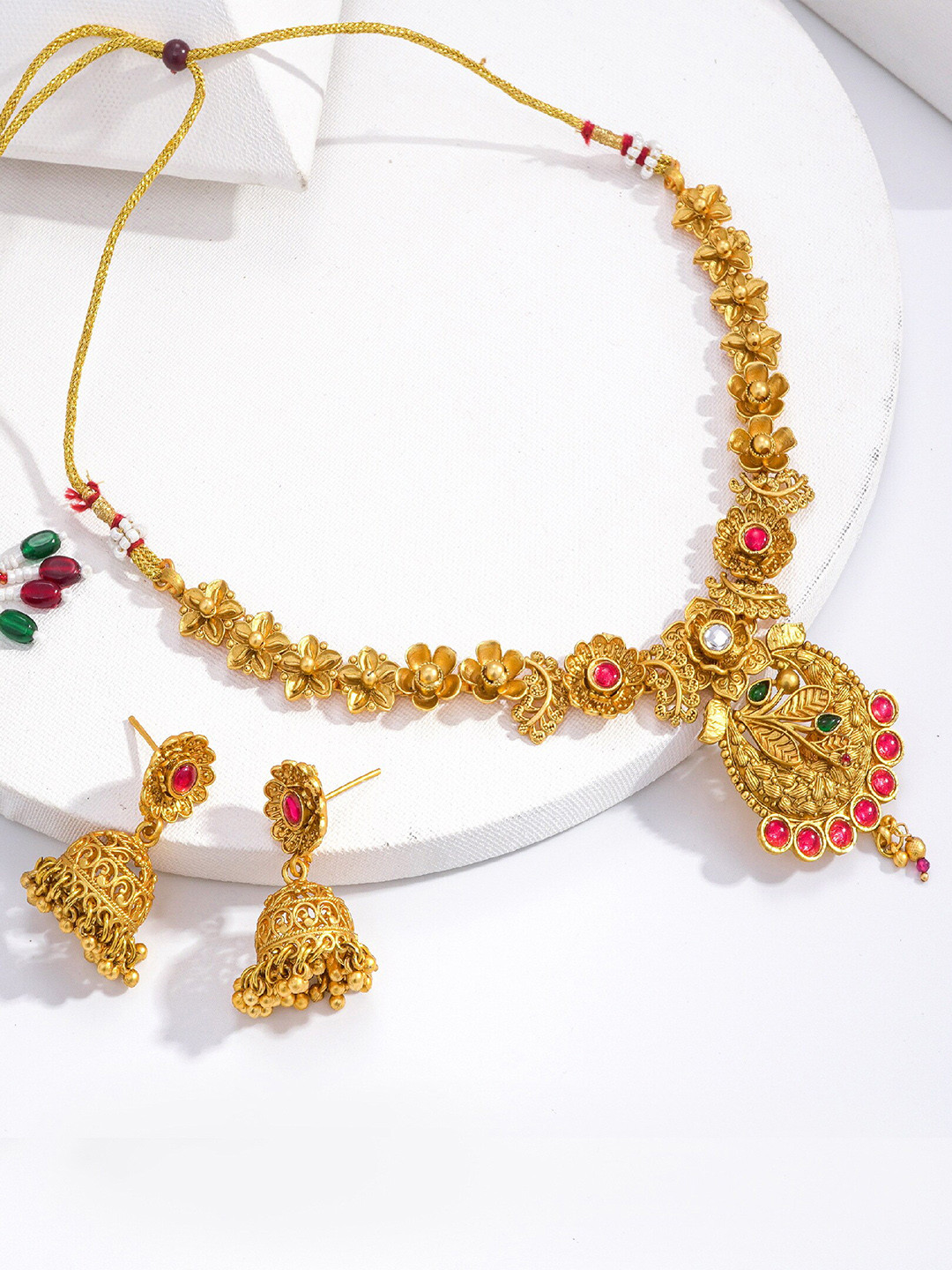 

LAFORWORD Gold-Plated Stone-Studded & Beaded Jewellery Set