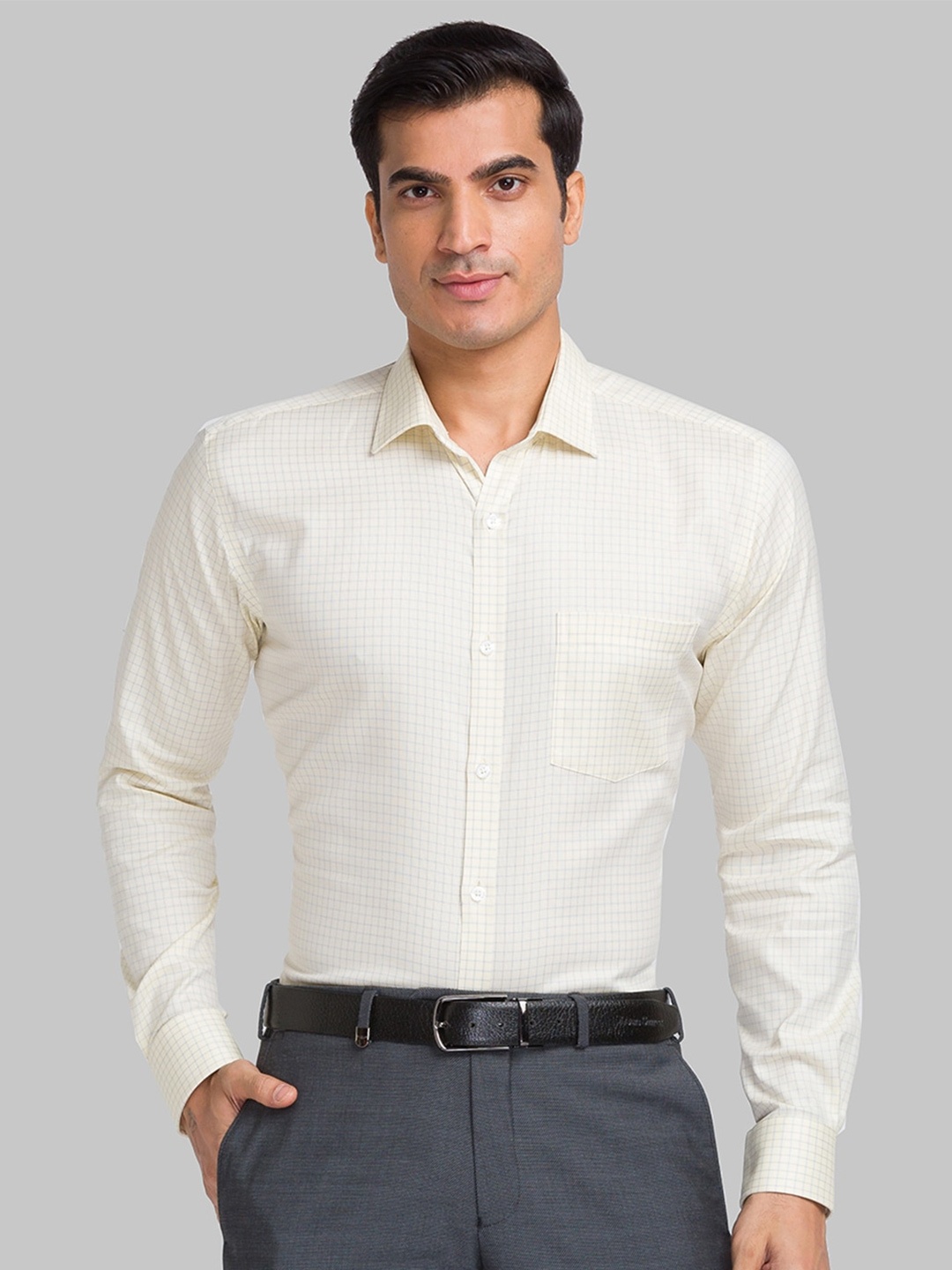 

Park Avenue Grid Tattersall Checked Cotton Opaque Formal Shirt, Off white