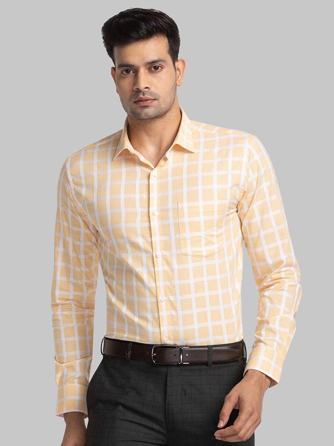 

Park Avenue Windowpane Checks Organic Cotton Formal Shirt, Yellow