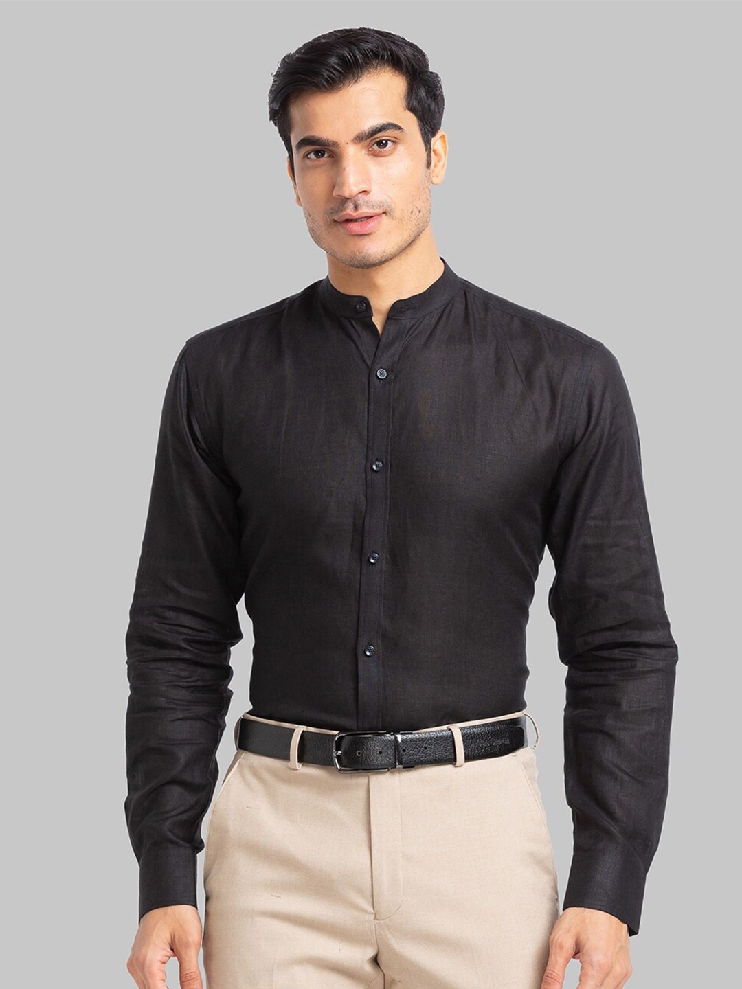 

Park Avenue Mandarin Collar Pure Linen Formal Shirt, Black