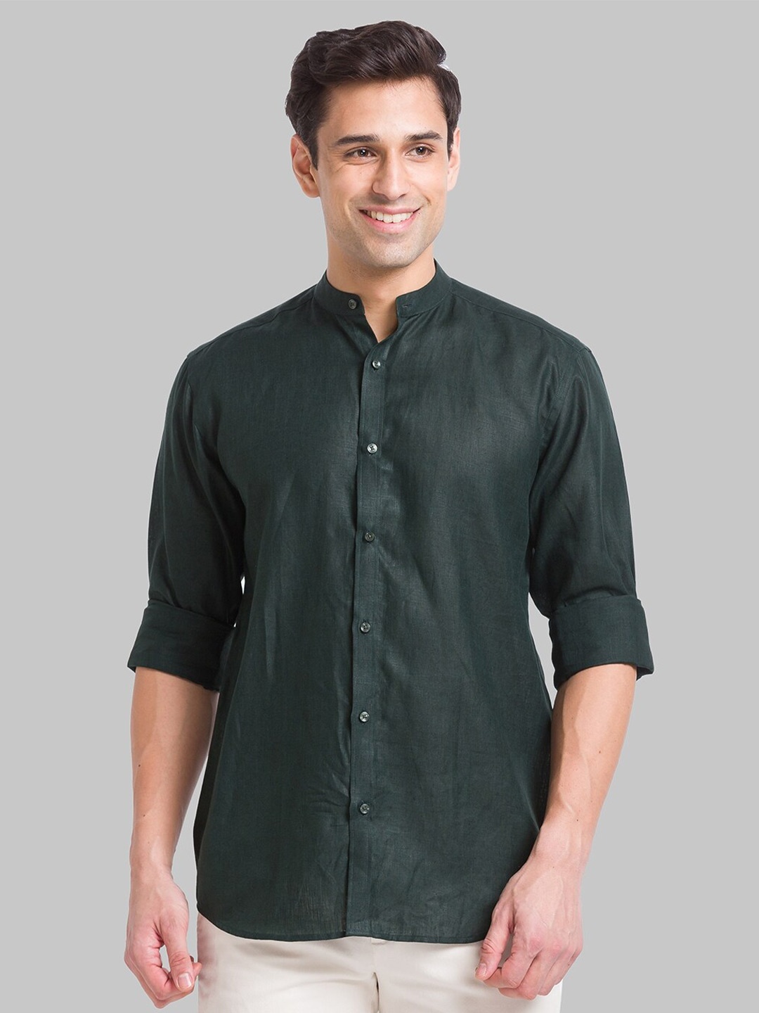 

Park Avenue Mandarin Collar Pure Linen Casual Shirt, Green