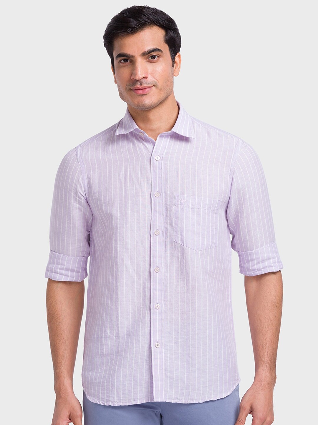 

ColorPlus Long Sleeves Tailored Fit Striped Casual Linen Shirt, Purple