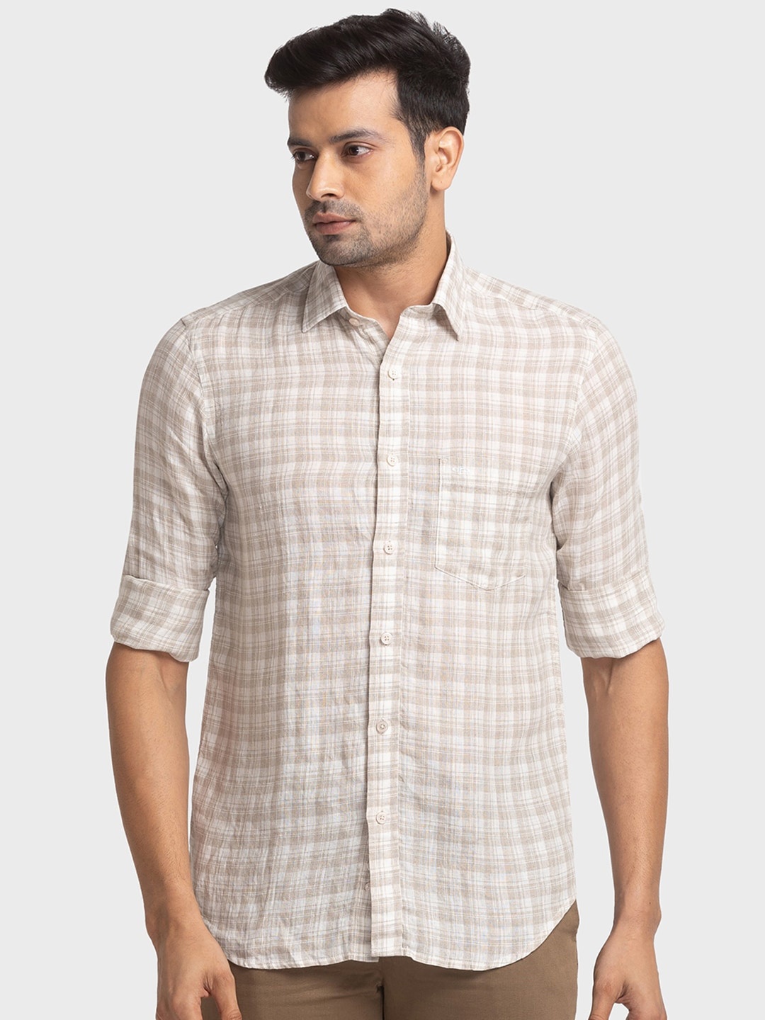 

ColorPlus Tailored Fit Opaque Checked Linen Casual Shirt, Brown